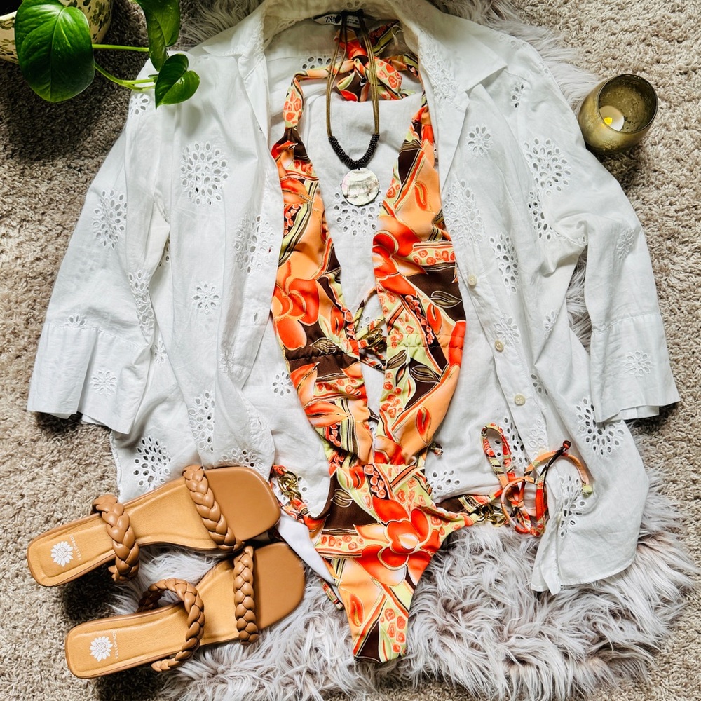 Tropical Floral Cutout One Piece Swimsuit Orange & Brown Halter Tie, Cheeky Fit - Picture 4 of 12